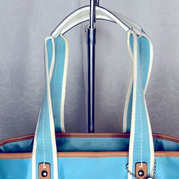 COACH Hampton aqua blue and white double handles nylon/satin satchel.  #F11993 - Picture 4 of 15